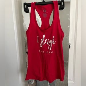 Cyclebar red tank top tee “I sleigh”